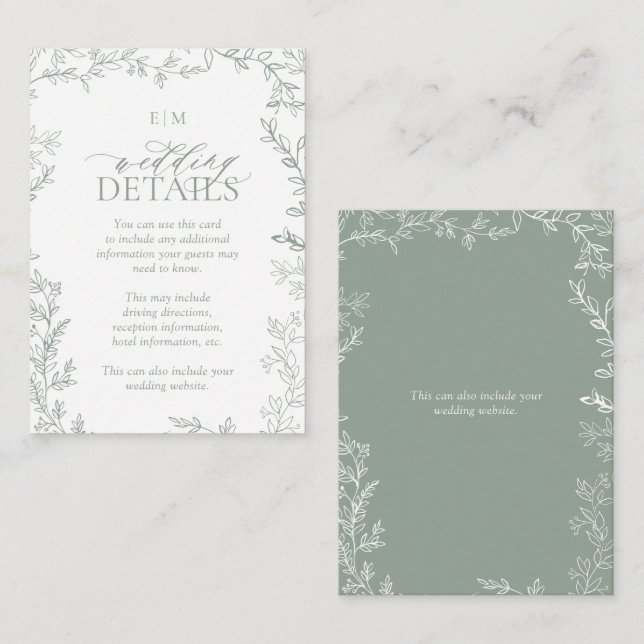 Tarjeta De Recepción Detalles del elegante Boda de Monograma Verde Sage (Anverso / Reverso)