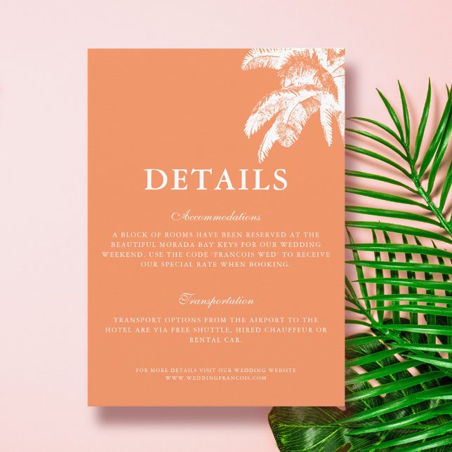 Tarjeta De Recepción Detalles del elegante Boda Tropical Palm Tree (Vintage Boho Tropical Palm Photo Wedding Details Card)