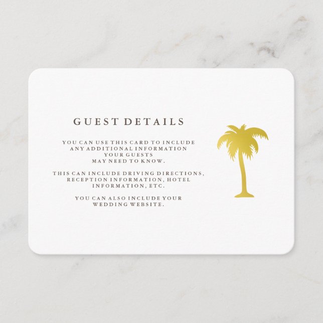 Tarjeta De Recepción Detalles del elegante huésped Faux Gold Palm Tree  (Anverso)