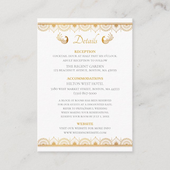 Tarjeta De Recepción Detalles del elegante patrón oro del Boda indio (Anverso)