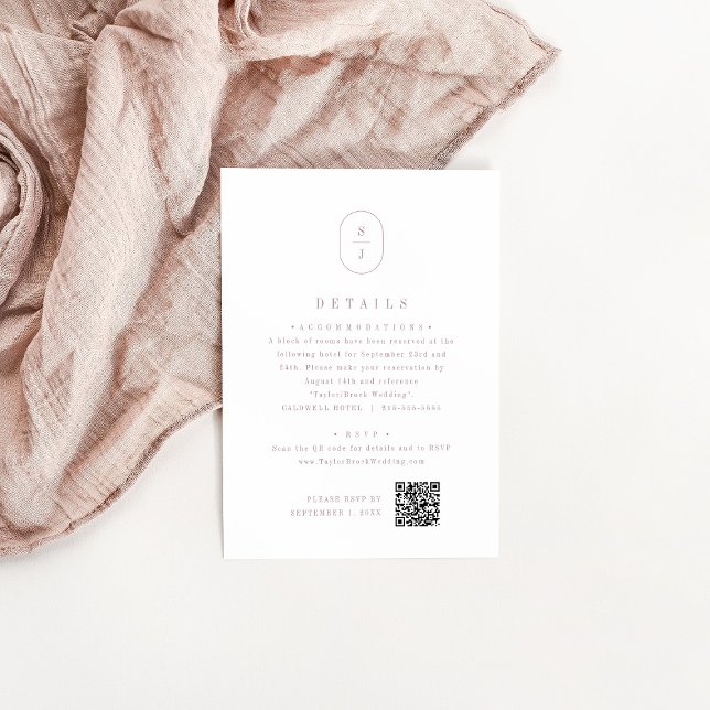 Tarjeta De Recepción Detalles del elegante Rosa SHYLAH Dusty Monograma  (SHYLAH Dusty Rose Elegant Monogram Wedding Details Enclosure Card)