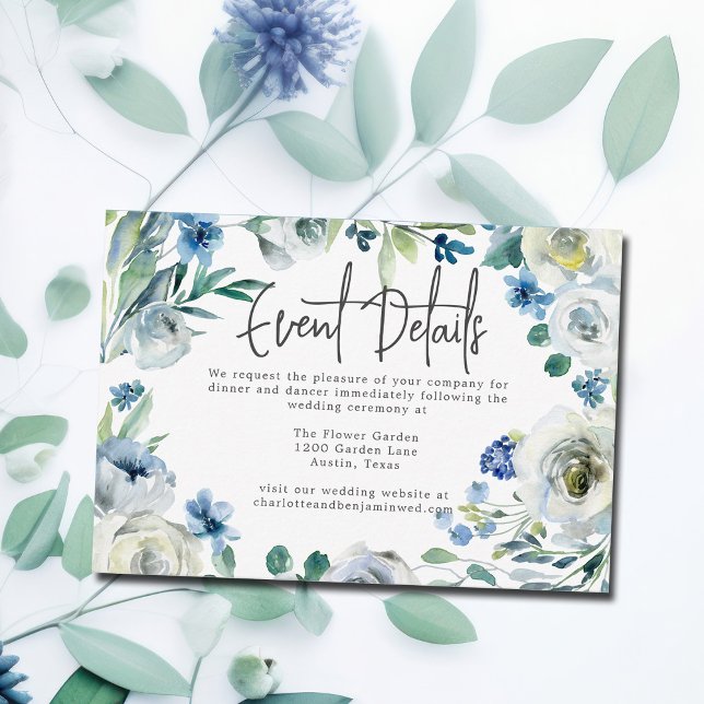 Tarjeta De Recepción Detalles del evento Boda Floral Azul Elegante (Subido por el creador)