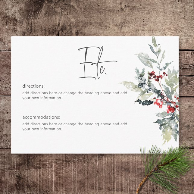 Tarjeta De Recepción Detalles del invierno ruso Holly Berries y Nieve (Rustic Winter Holly Berries & Snow Wedding Details Card)