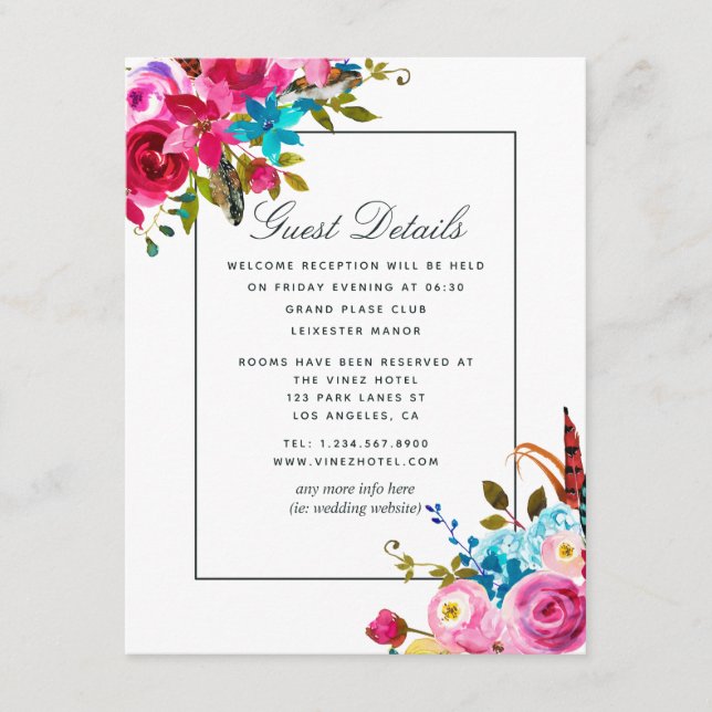 Tarjeta De Recepción Detalles del invitado acuarela Boho Moda Floral (Anverso)
