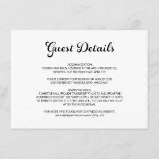 Tarjeta De Recepción Detalles del invitado Boda blanco con guión de est
