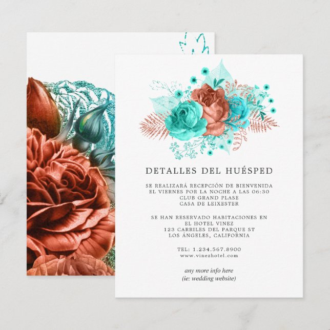 Tarjeta De Recepción Detalles del invitado de Boda español Turquesa y C (Anverso / Reverso)