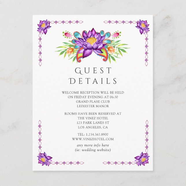 Tarjeta De Recepción Detalles del invitado de Boda indio Purple Lotus F (Anverso)