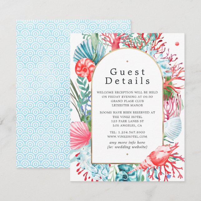 Tarjeta De Recepción Detalles del invitado de bodas de verano verde azu (Anverso / Reverso)