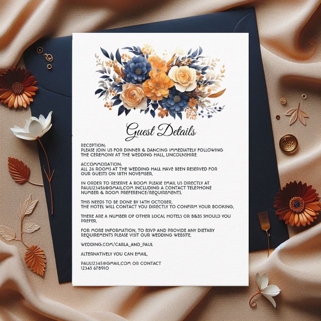 Tarjeta De Recepción Detalles del invitado de Navy Blue, Naranja quemad (Navy Blue, Burnt Orange and Champagne Guest Details Enclosure Card)