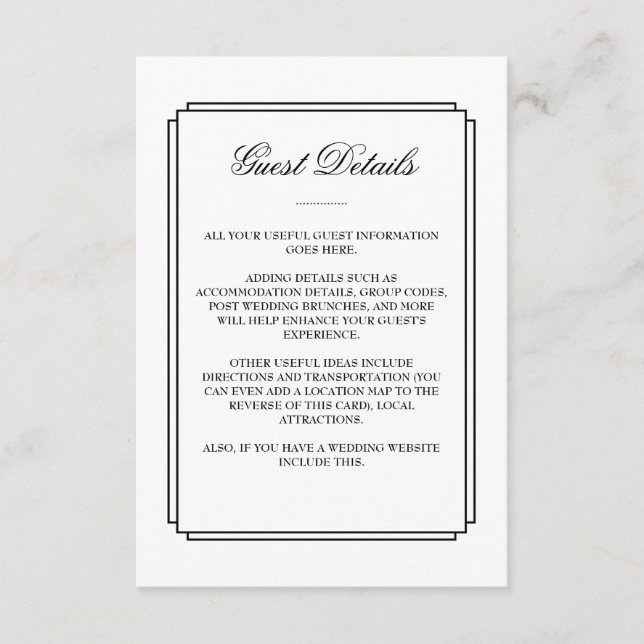 Tarjeta De Recepción Detalles del invitado del Boda blanco negro clásic (Anverso)