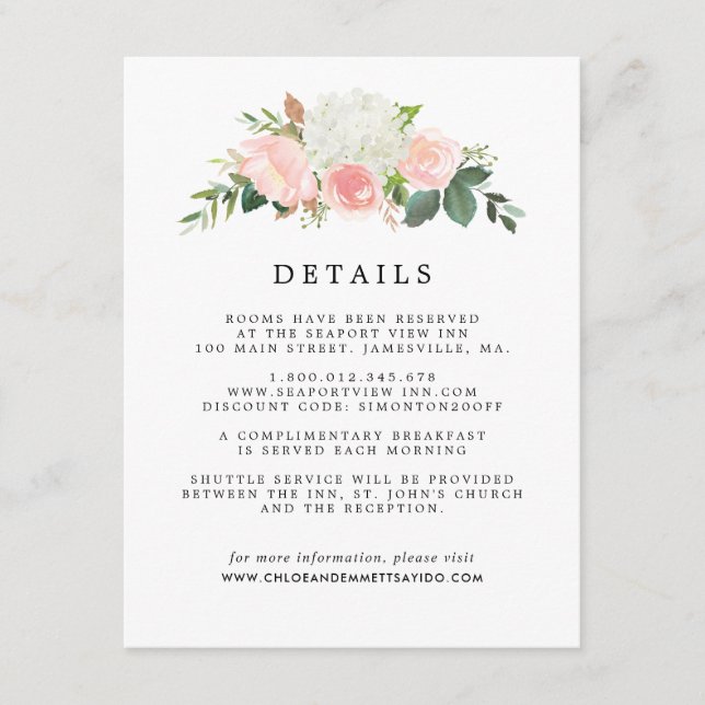 Tarjeta De Recepción Detalles del invitado del Boda Floral Blanca Rosa- (Anverso)