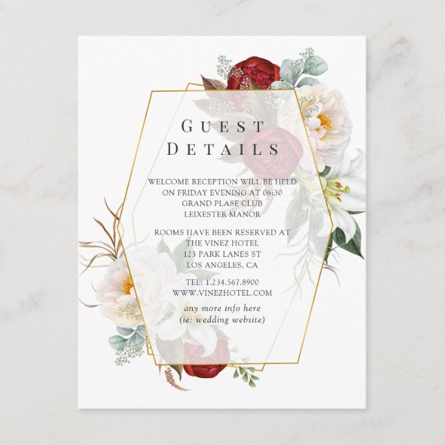 Tarjeta De Recepción Detalles del invitado del Boda floral blanco y roj (Anverso)