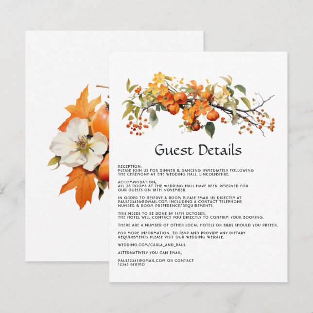 Tarjeta De Recepción Detalles del invitado del Boda Floral de Persimmon (Anverso / Reverso)