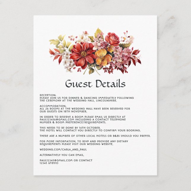 Tarjeta De Recepción Detalles del invitado del Boda floral rojo (Anverso)
