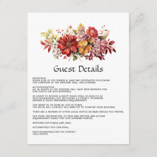 Tarjeta De Recepción Detalles del invitado del Boda floral rojo