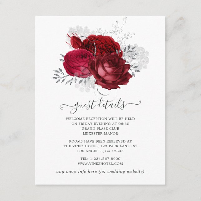 Tarjeta De Recepción Detalles del invitado del Boda floral rojo y plate (Anverso)