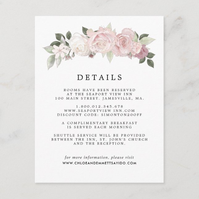 Tarjeta De Recepción Detalles del invitado del Boda Floral Rosa Blanca  (Anverso)