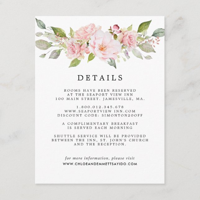 Tarjeta De Recepción Detalles del invitado del Boda floral rosa Rubor (Anverso)