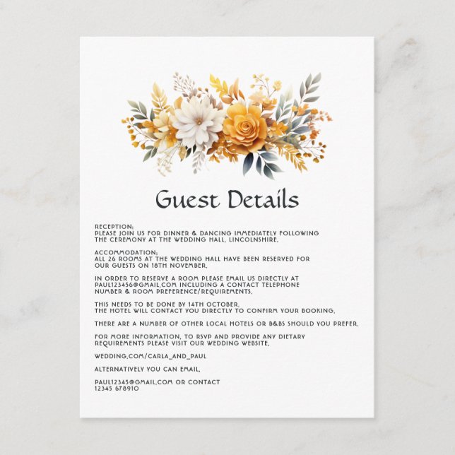 Tarjeta De Recepción Detalles del invitado del Boda floral solar (Anverso)