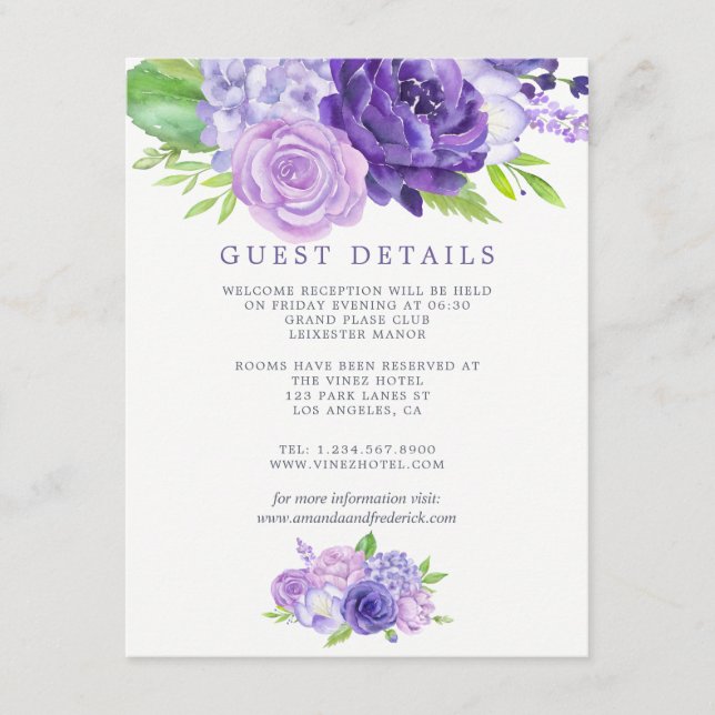 Tarjeta De Recepción Detalles del invitado del Boda floral ultrvioleta (Anverso)