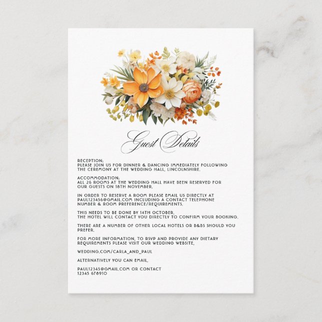 Tarjeta De Recepción Detalles del invitado del Naranja amarillo y Boda  (Anverso)