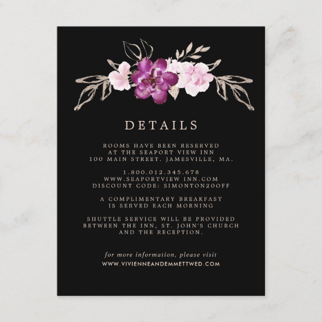 Tarjeta De Recepción Detalles del invitado Rubor Pink Rose Purple GoldW (Anverso)