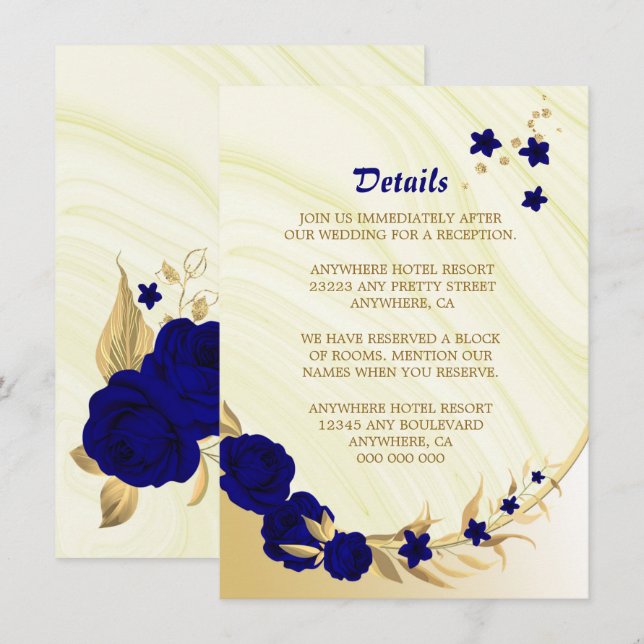 Tarjeta De Recepción Detalles del mármol floral oro azul real (Anverso / Reverso)