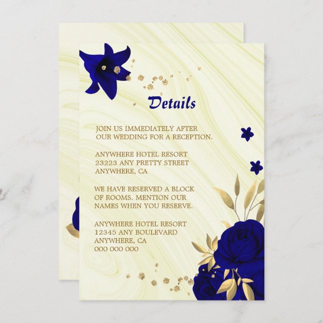 Tarjeta De Recepción Detalles del mármol floral oro azul real (Anverso / Reverso)