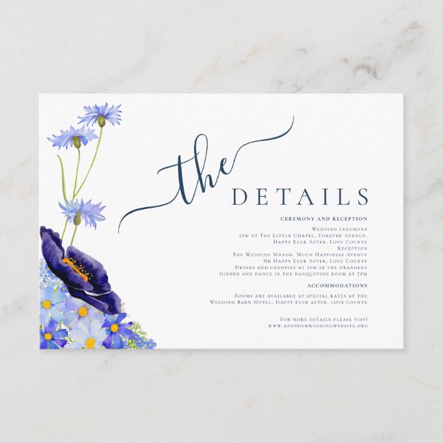 Tarjeta De Recepción Detalles del moderno Boda azul acuarela de flores  (Anverso)