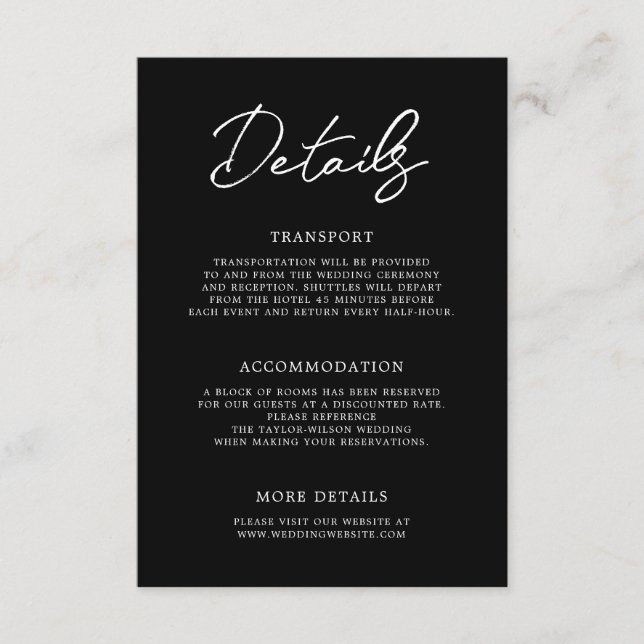 Tarjeta De Recepción Detalles del moderno Boda blanco negro contemporán (Anverso)
