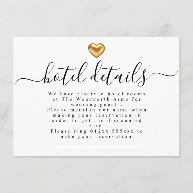 Tarjeta De Recepción Detalles del moderno y sencillo Boda Gold Heart Ho (Anverso)
