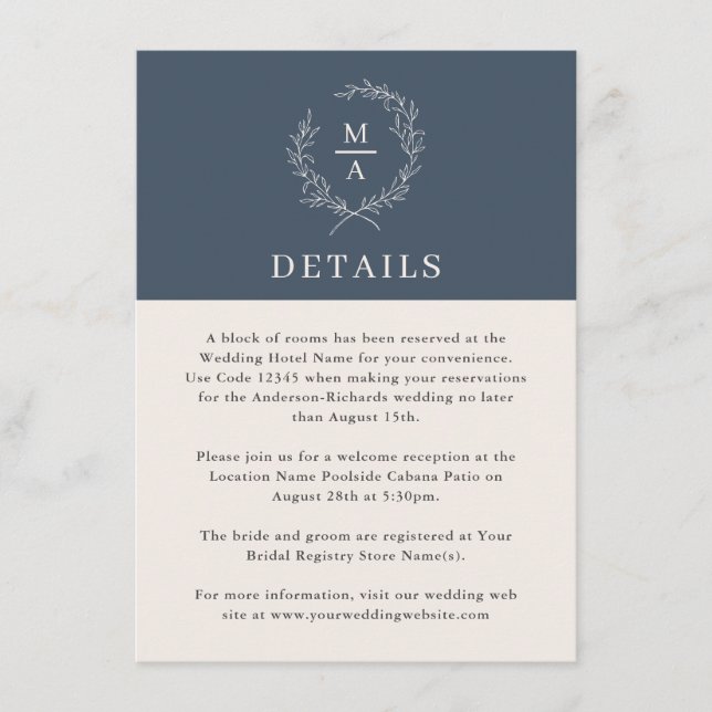 Tarjeta De Recepción Detalles del Monograma simple y elegante de la Mar (Anverso)