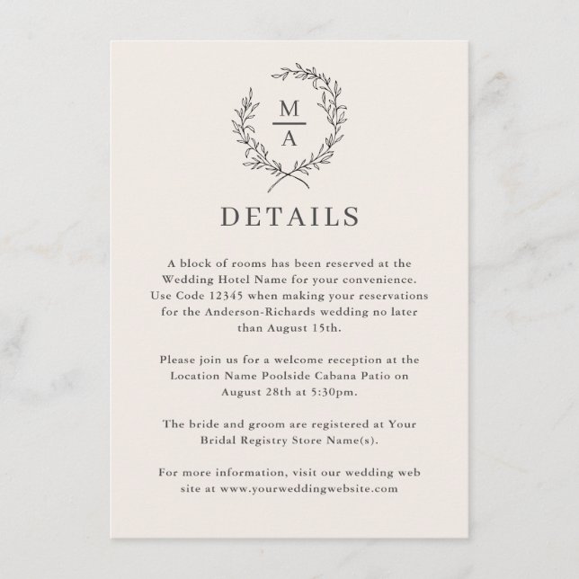 Tarjeta De Recepción Detalles del monograma simple y elegante de Light  (Anverso)