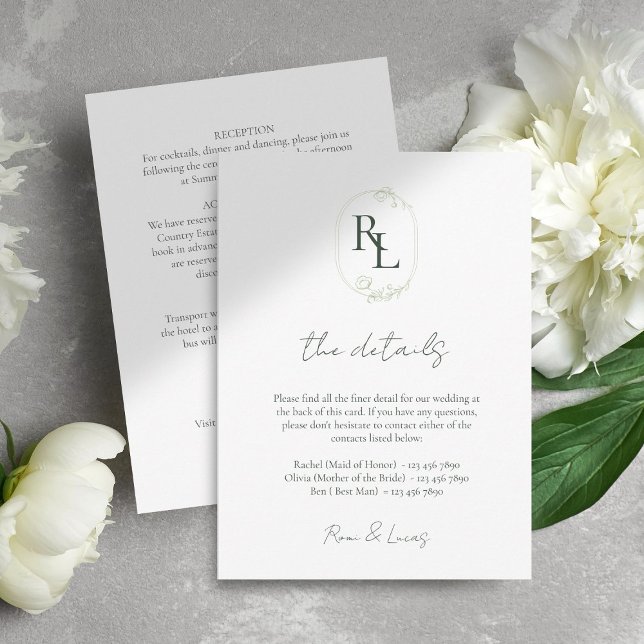 Tarjeta De Recepción Detalles del Monograma Verde Blanco Boda de Moda m (Subido por el creador)