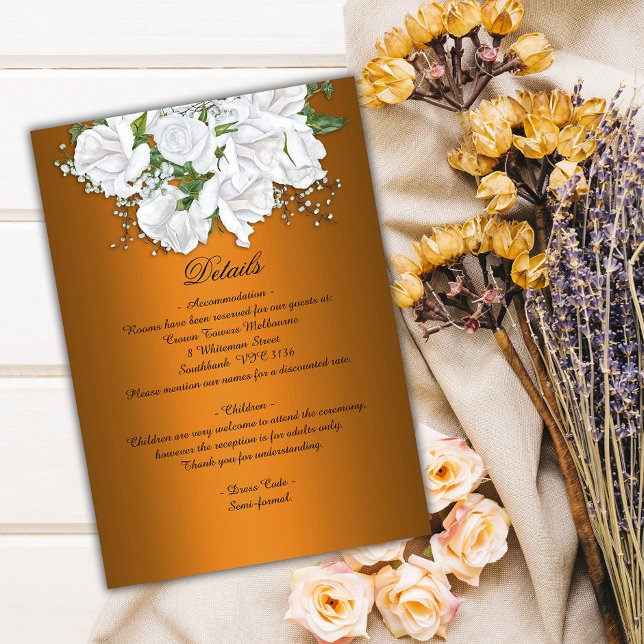 Tarjeta De Recepción Detalles del Naranja metálico y Boda de rosas blan (Subido por el creador)