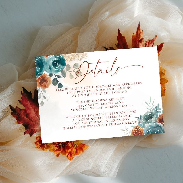 Tarjeta De Recepción Detalles del Naranja Quemado Verde azulado Boho Bo (fall in love wedding details card teal burnt orange terracotta watercolor floral botanical earthy)