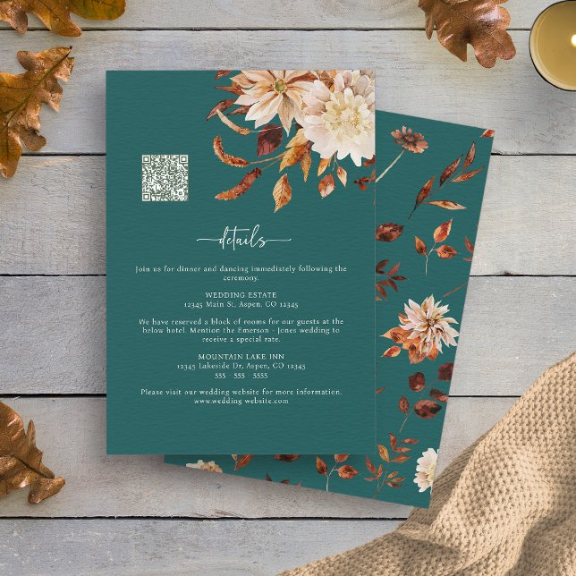 Tarjeta De Recepción Detalles del otoño verde azulado (Teal Fall Leaves Decor Details Enclosure Card QR Code by Painted Paperie
)