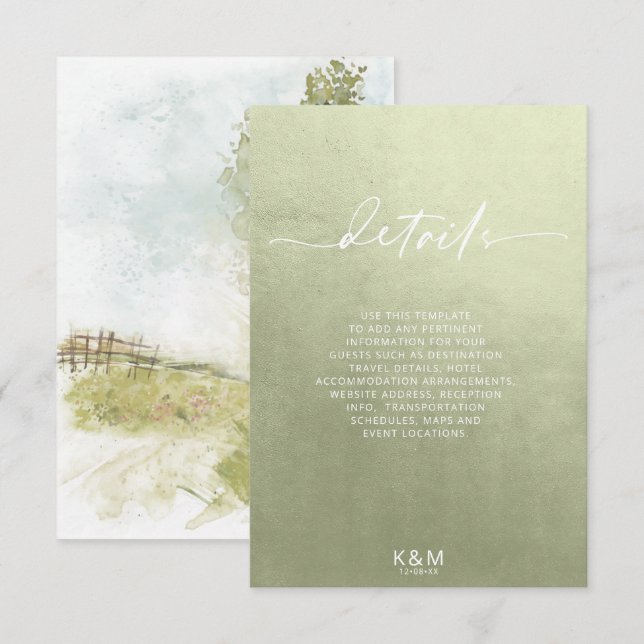 Tarjeta De Recepción Detalles del paisaje acuarela Sage Green ID786 (Anverso / Reverso)