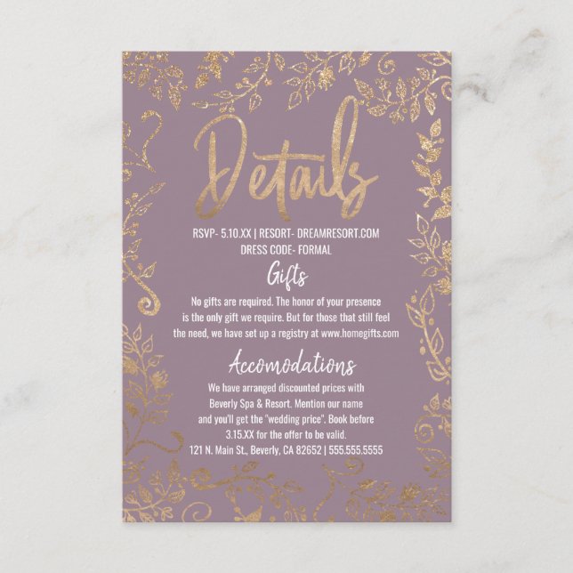 Tarjeta De Recepción Detalles del Purpurina Gold Floral Ombre Mauve Lil (Anverso)