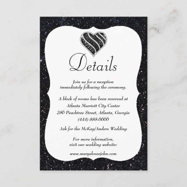 Tarjeta De Recepción Detalles del Purpurina negro Boda del corazón blan (Anverso)