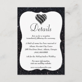 Tarjeta De Recepción Detalles del Purpurina negro Boda del corazón blan