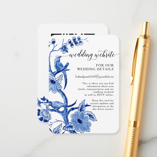 Tarjeta De Recepción Detalles del QR blanco azul de Chinoiserie de infl (Anverso/Reverso In Situ)