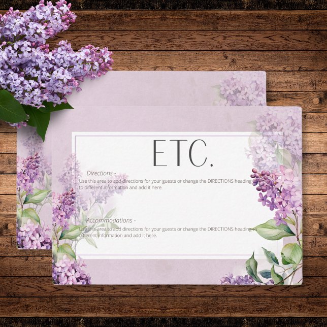 Tarjeta De Recepción Detalles del romántico púrpura y salvia (Rustic Romantic Purple & Sage Lilacs Details Enclosure Card)