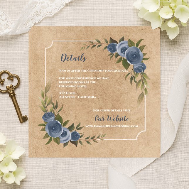 Tarjeta De Recepción Detalles del Rosa azul Dusty Rustic Kraft Boda (Dusty Blue Rose Rustic Kraft Wedding Details Enclosure Card)