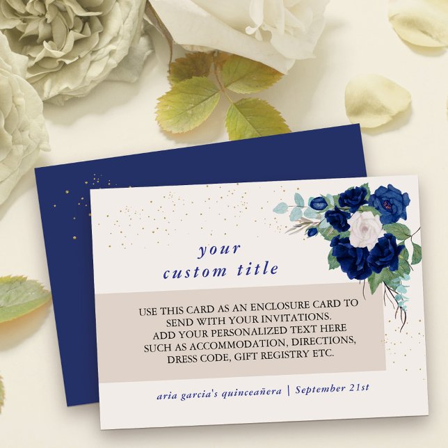 Tarjeta De Recepción Detalles del Rosa de Personalizado Royal Blue y Iv (Enclosure Card with fully editable text for reception details or any other additional information)