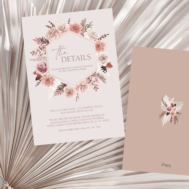 Tarjeta De Recepción Detalles del Rosa Dusty Boho Pampas Boda Floral (Boho Dusty Pink Floral Wreath Wedding Details Enclosure Card)