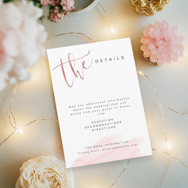 Tarjeta De Recepción Detalles del Rosa Gold Rubor Modern Simple Boda (Rose Gold Blush Modern Simple Wedding details Enclosure Card)