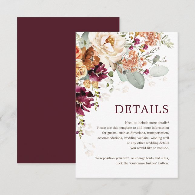 Tarjeta De Recepción Detalles del ruso Boho Burgundy Floral Boda (Anverso / Reverso)