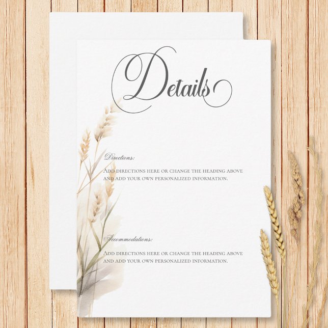 Tarjeta De Recepción Detalles del ruso Boho Dried Tan Grass Boda (Rustic Boho Dried Tan Grass Wedding Details Enclosure Card)