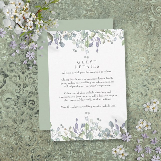 Tarjeta De Recepción Detalles del Sage Lilac Floral Guest Information (Sage Lilac Floral Guest Information Details Enclosure Card)